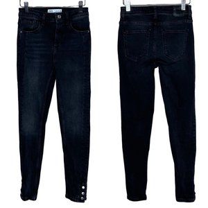Zara Womens Size 2 Skinny Jeans Faded Black Denim Snap Up Ankle Comfort Stretch